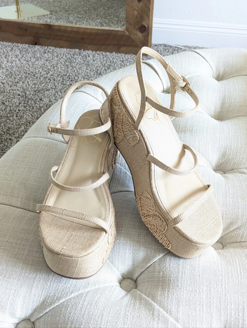 Larroude Raffia Gio Platform Sandals with Ankle Strap & Hibiscus Embroidery